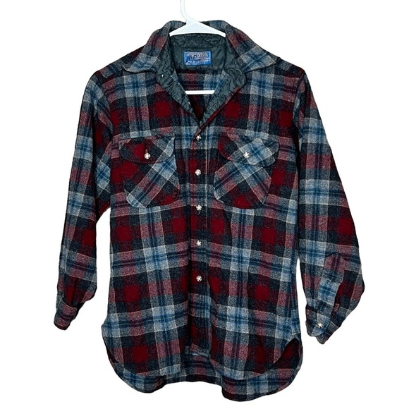 Pendleton Vintage Boys 100% Virgin Wool Flannel Shirt Red Gray Plaid Size L - Picture 1 of 7